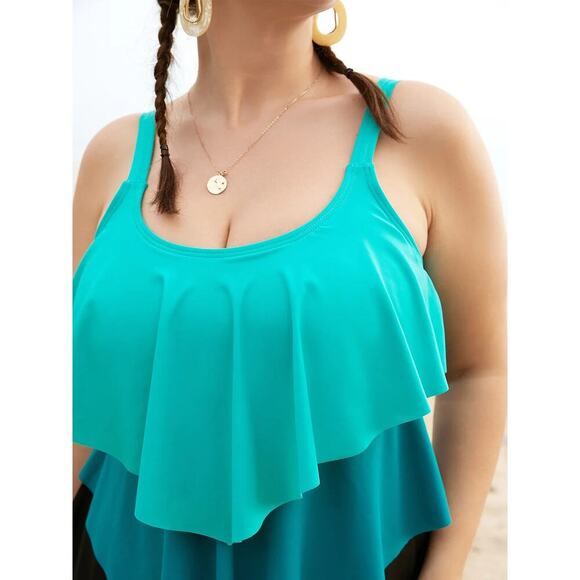 🔥SALE Plus Size 2X 18 20 BloomChic Colorblock Ruffle Layered Hem Tankini Top - Picture 4 of 7